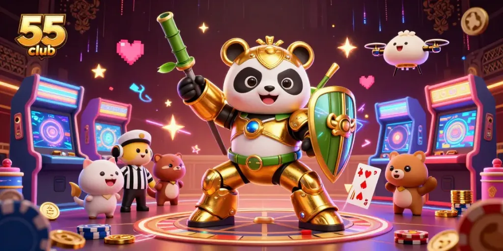 Experience excitement with 55 club's dynamic scenes featuring colorful casino elements and engaging characters.
