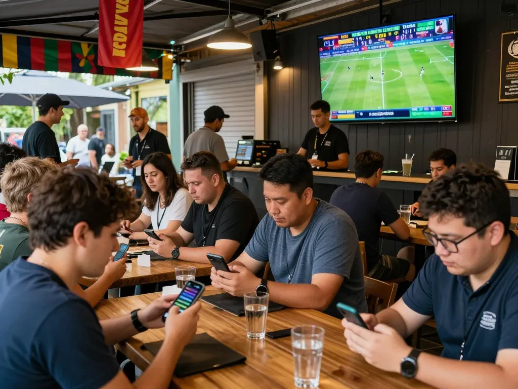 Bet on sports with live screens while enjoying a vibrant café atmosphere, capturing the excitement of debet.