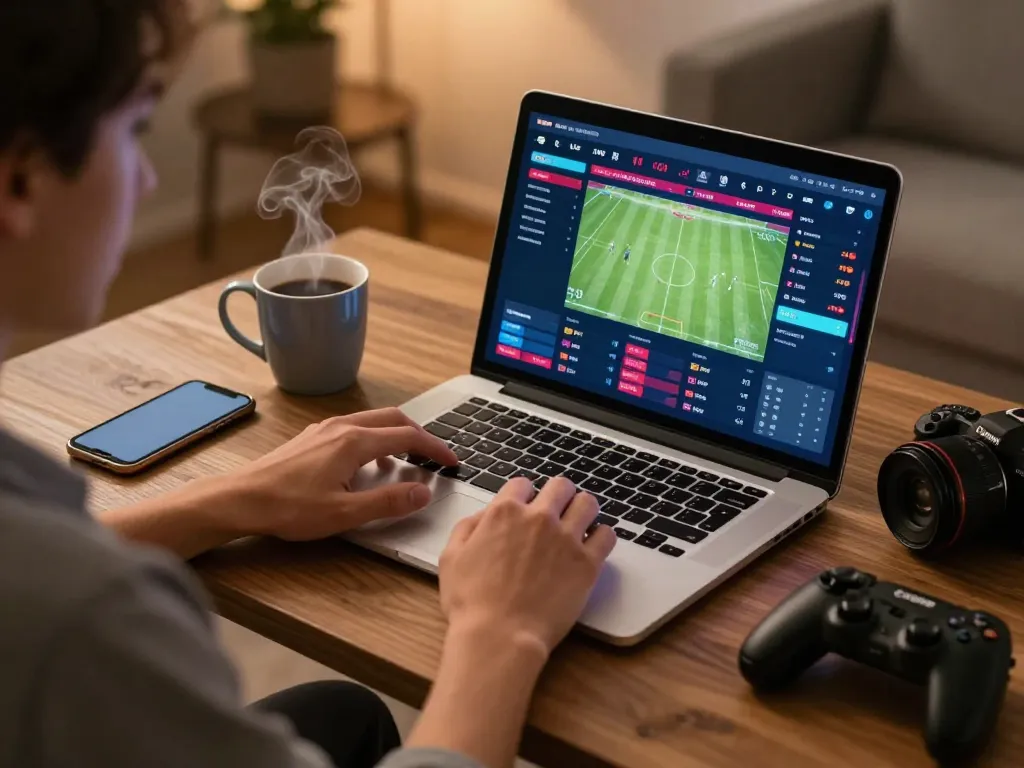 Sports betting with Link lucky88 chính thức on a laptop, showcasing live odds and a cozy home workspace.