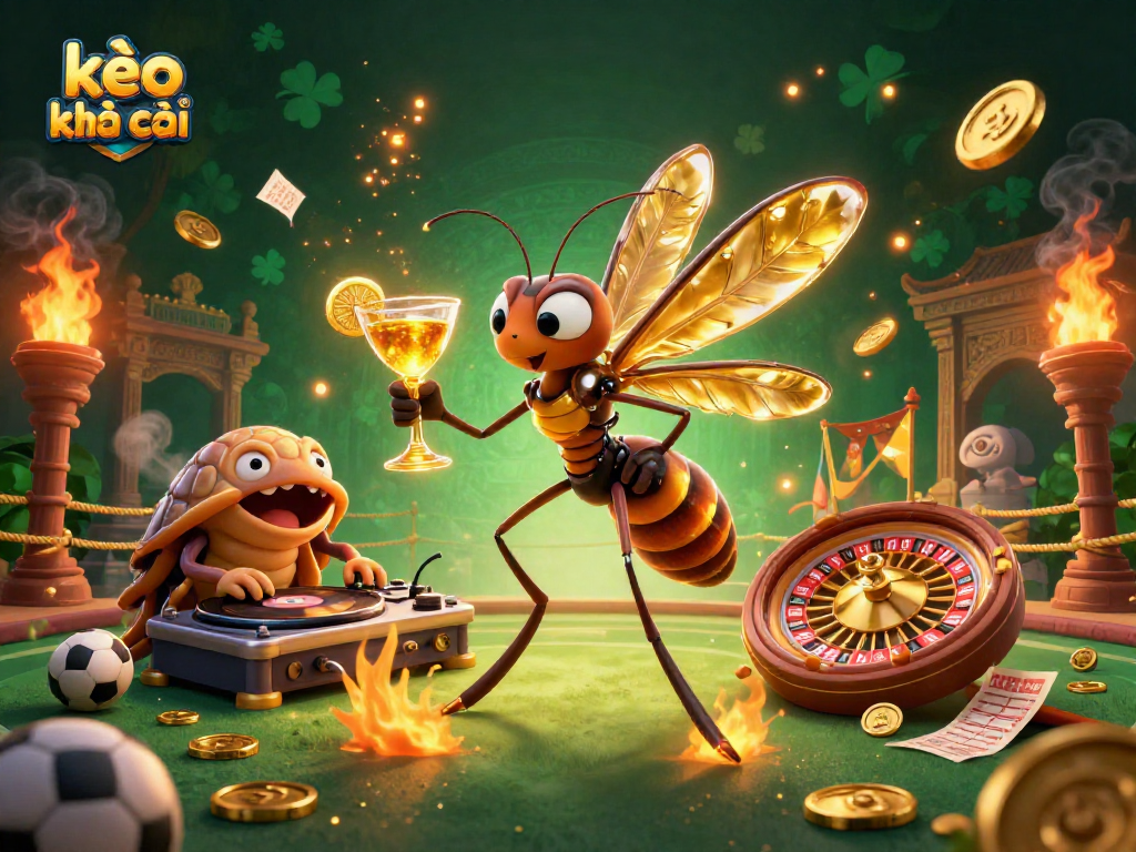 Engage with kèo nhà cái sports betting scene featuring a lively casino mascot and DJ elements.