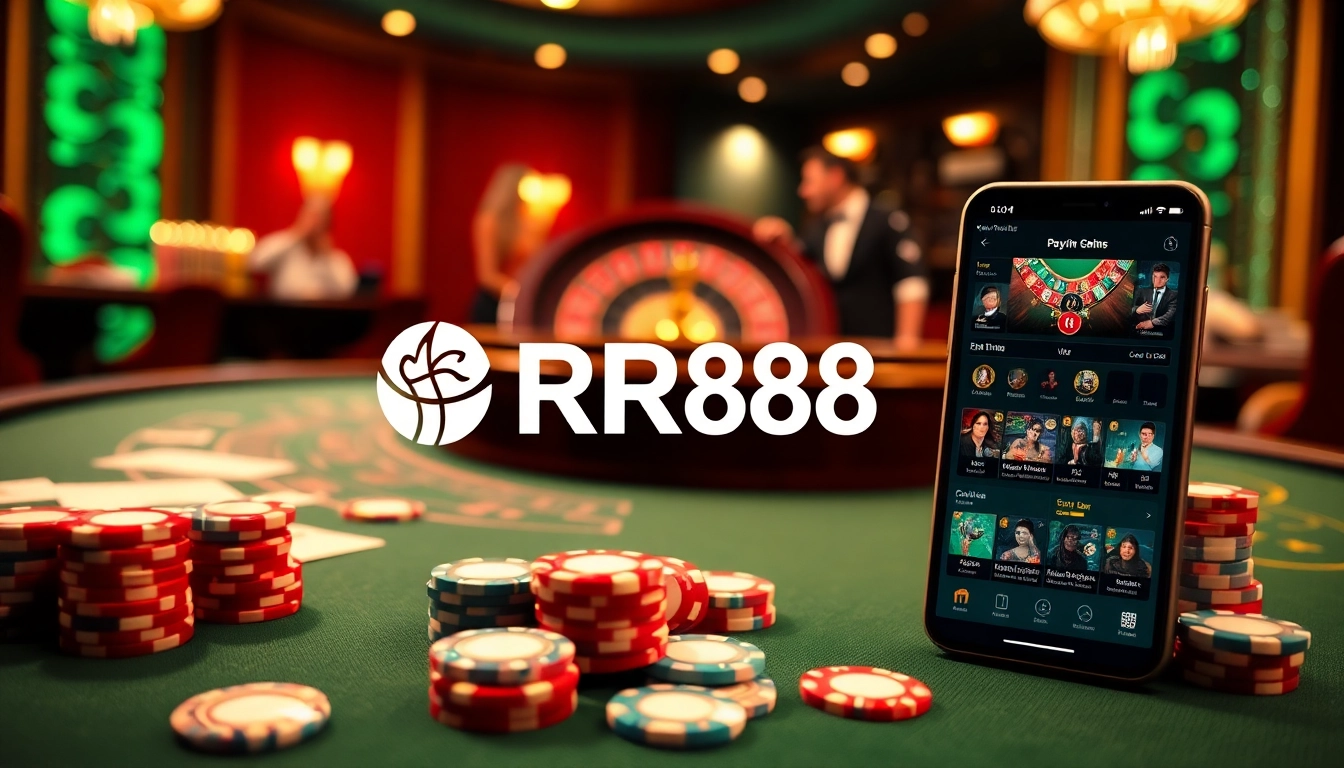 Experience RR88 in a thrilling casino atmosphere with poker chips and live betting elements.