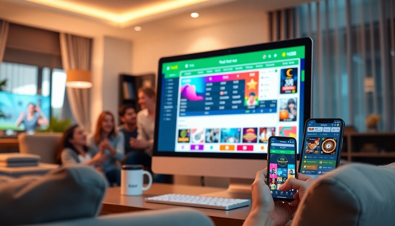 Ho88 betting platform on a smartphone and computer, showcasing vibrant sports odds and games in a cozy setting.