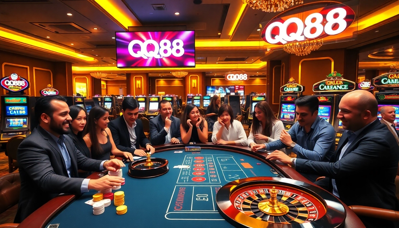 Engaged gamblers enjoying a thrilling QQ88 game at a luxurious casino table surrounded by cards and chips.