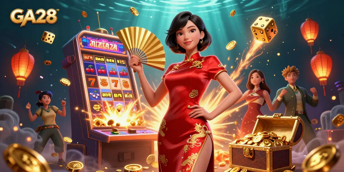 Spin the GA28 slot machine with vibrant visuals and exciting cash rewards in this 3D illustration.