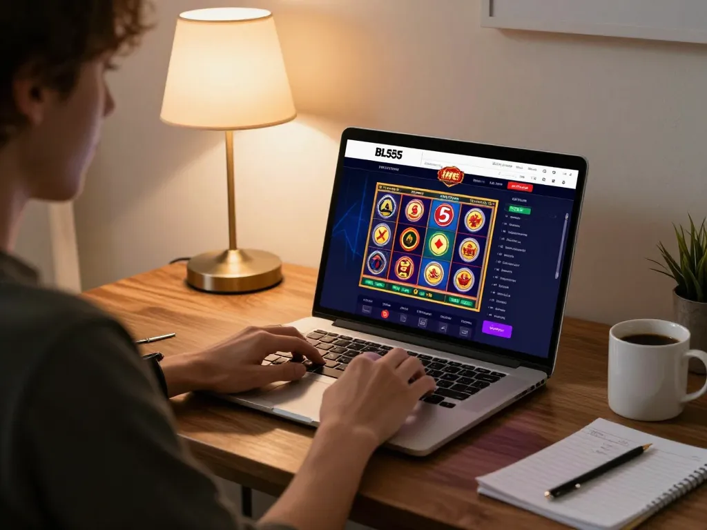 Engaging gaming experience at BL555 online casino with player strategizing on laptop.