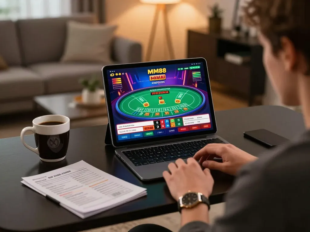 Engaging in live dealer blackjack on MM88 platform from a stylish home gaming setup.