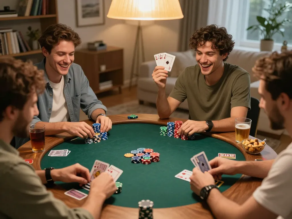 Players enjoying a thrilling home poker night using 92slot chips with vibrant atmosphere and strategic moments.