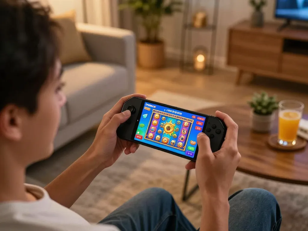 Mobile gaming experience with DW8 app showcasing exciting gameplay in a cozy living room atmosphere.