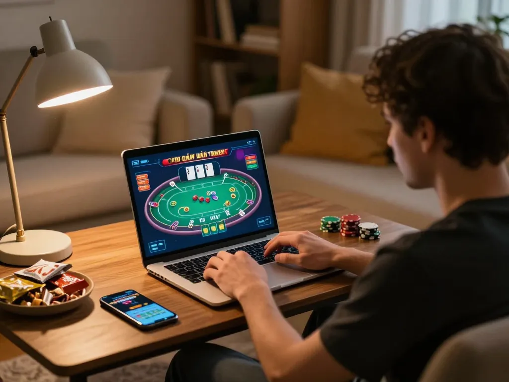 Engaging in Game đánh bài đổi thưởng while enjoying a cozy home gaming setup, with vibrant poker interface displayed.