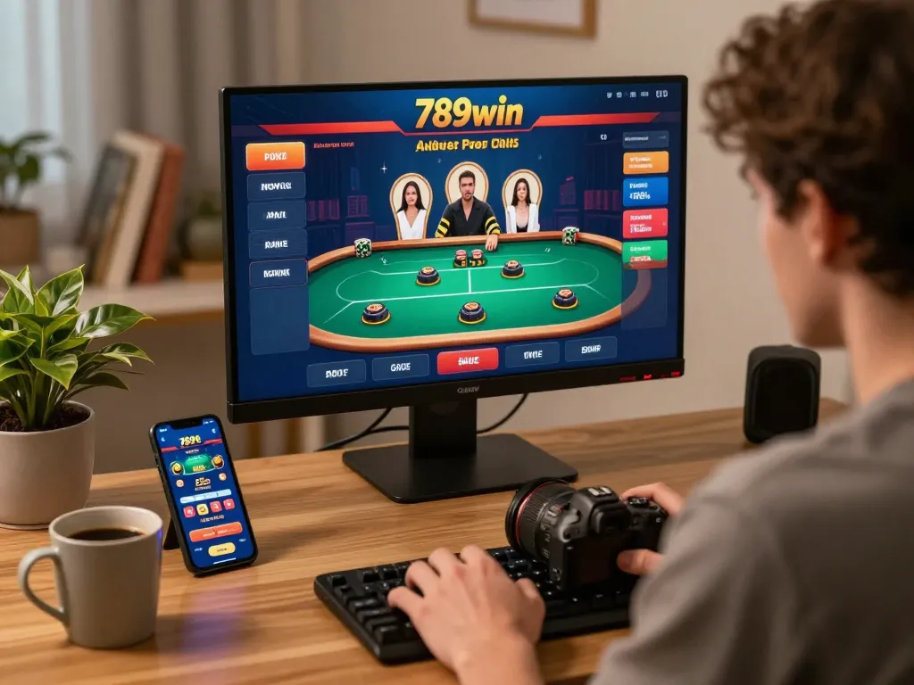 Player focused on casino 789win poker game interface during online gaming session in a cozy home setup.