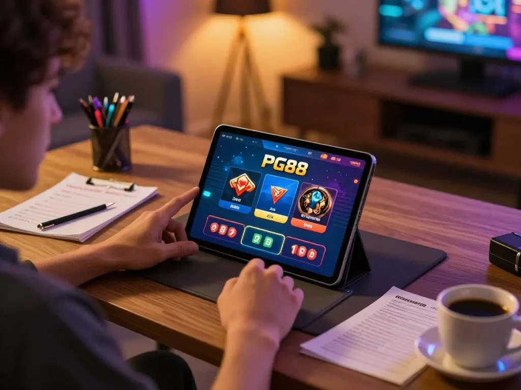 Player engaging with PG88 casino app on tablet, showcasing online gambling excitement