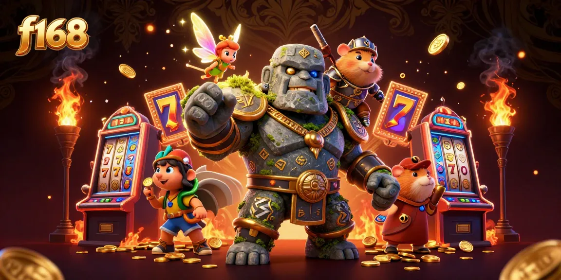Spin and win with f168 in an immersive 3D casino scene featuring a stone golem, fairy, and hamster knight.
