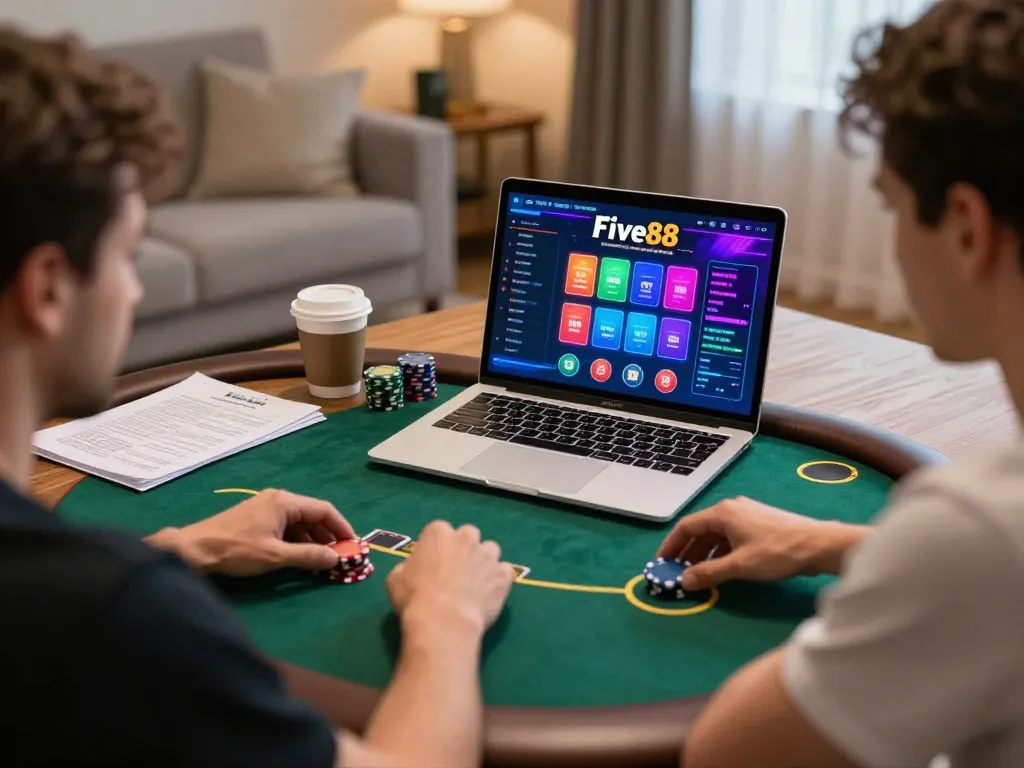 Player strategizing at home while engaging in five88 online poker game on a laptop.