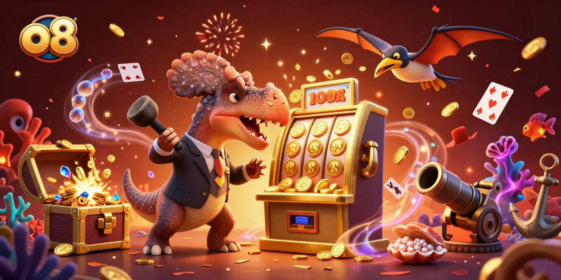 O8 players celebrate slot wins with jackpot coins cascading from the slot machine in a dynamic casino scene.
