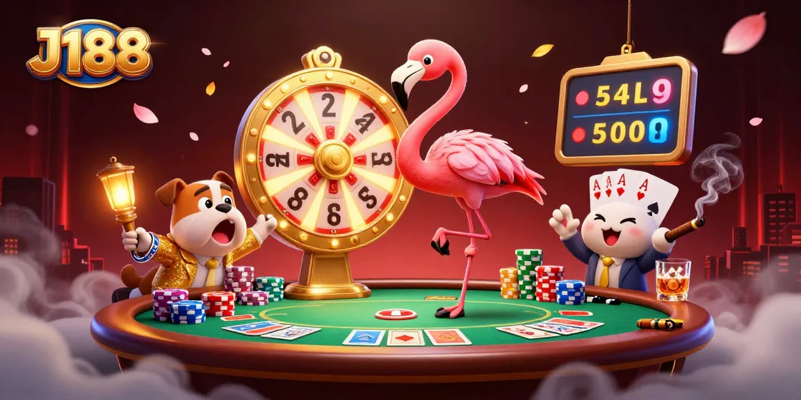 Experience the excitement at J188 with a dynamic casino scene featuring poker elements, thrilling games, and vibrant characters.