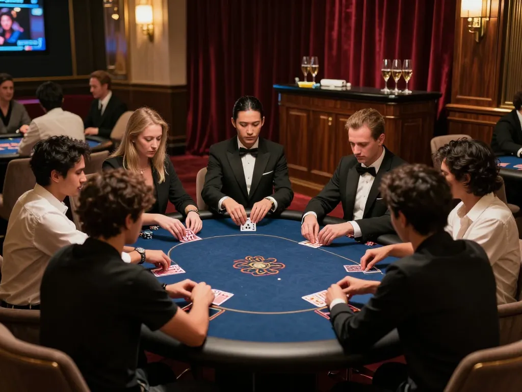 Say88 showcases intense poker action in a luxurious VIP gaming area filled with attentive players and elegant decor.