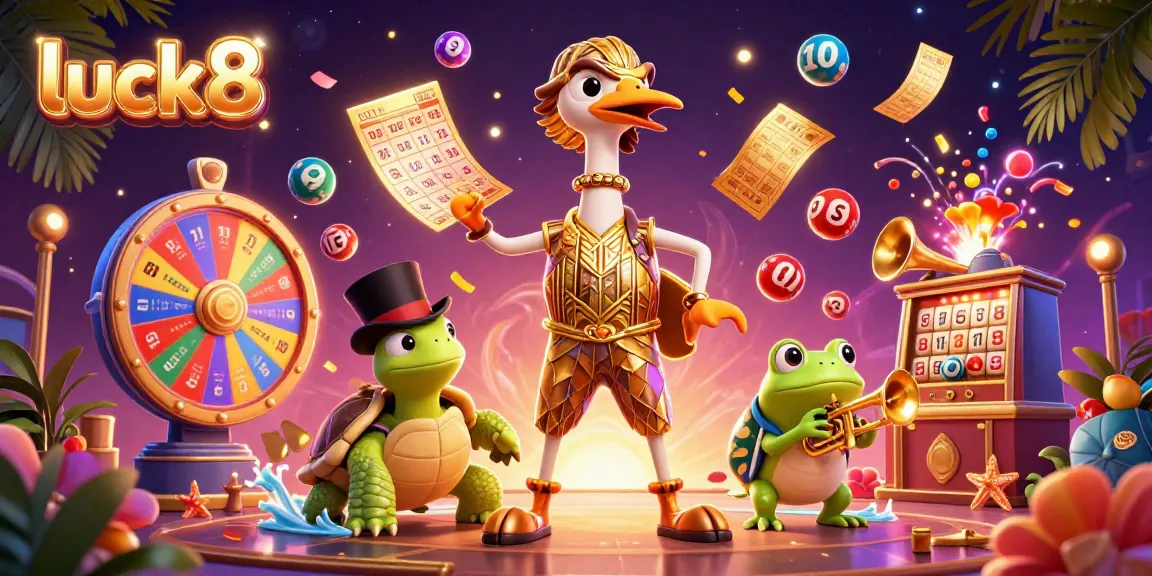 Luck8 showcases an energetic gaming scene with colorful lottery elements and playful characters.