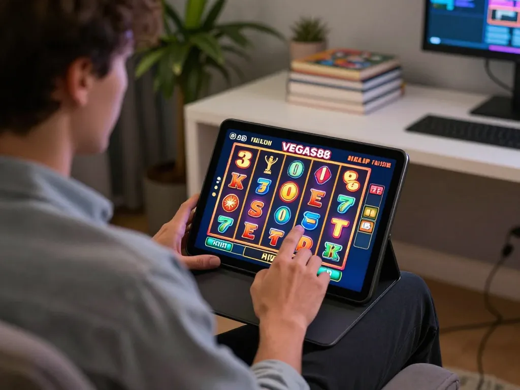 Experience thrilling gameplay at Vegas88 with vibrant slot machine action on tablet in cozy home setting