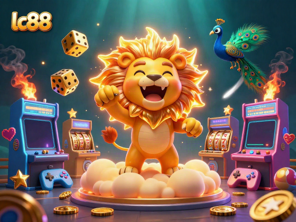 Experience the captivating lc88 casino scene with a roaring lion, golden dice, and vibrant game elements.