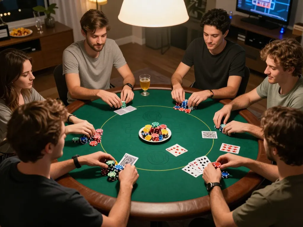 Engaged friends playing poker during a cozy game night with Bay789 gambling apps nearby.
