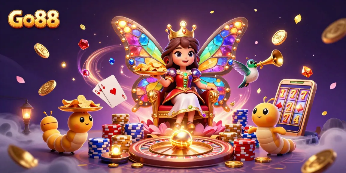 Experience winning at Go88 with vibrant casino elements and a magical butterfly queen.