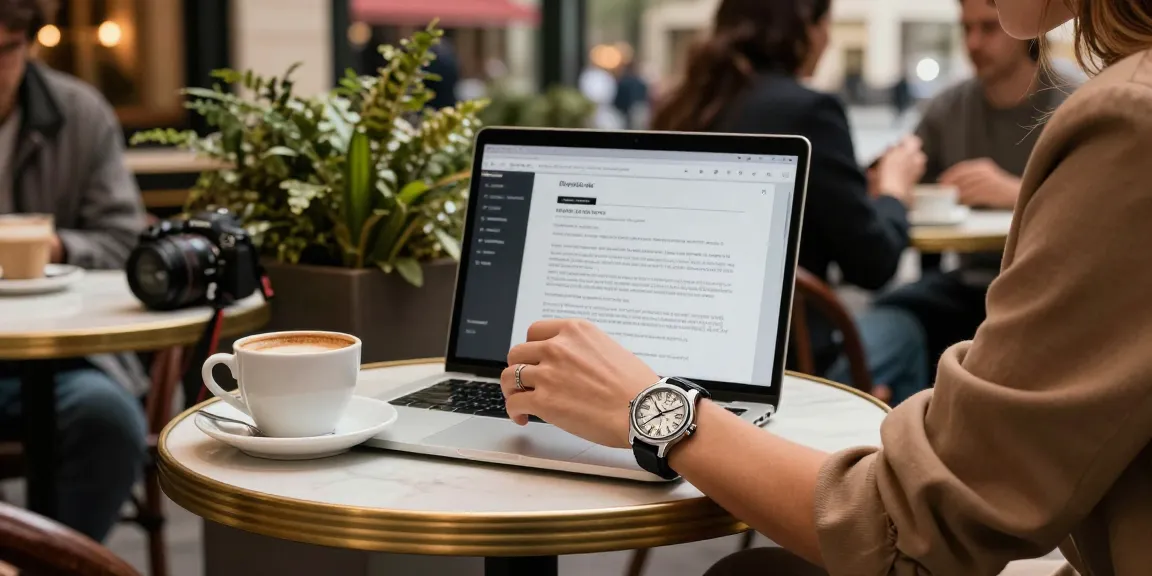 Individual showcasing a luxurious replica watch while enjoying coffee at a chic café.