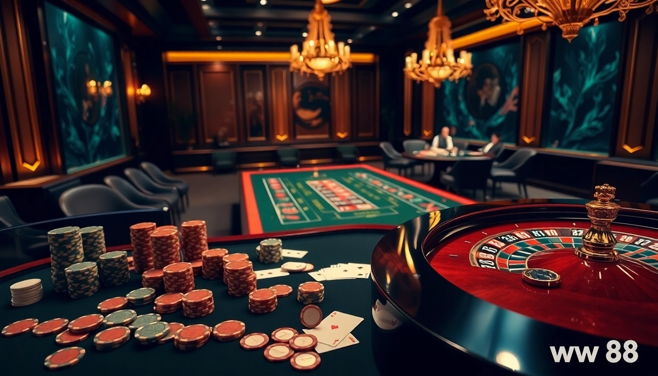 Experience the thrill of ww88 with an elegant casino scene featuring poker chips and cards.