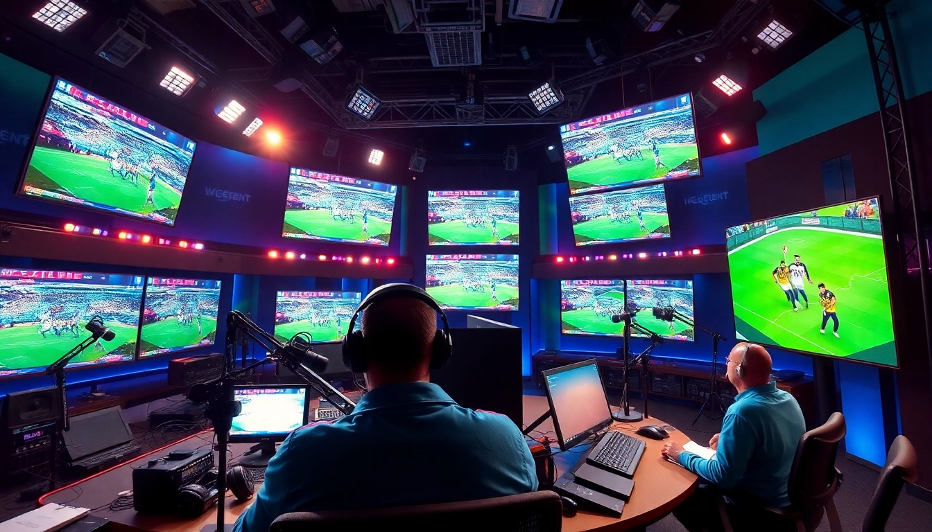 Dynamic sports broadcasting studio showcasing live events and action-packed atmosphere.