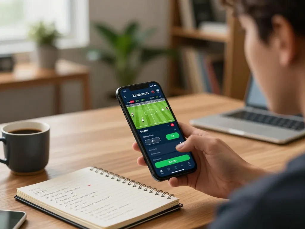 Engaging with the keonhacai5 app for sports betting in a cozy home office environment.