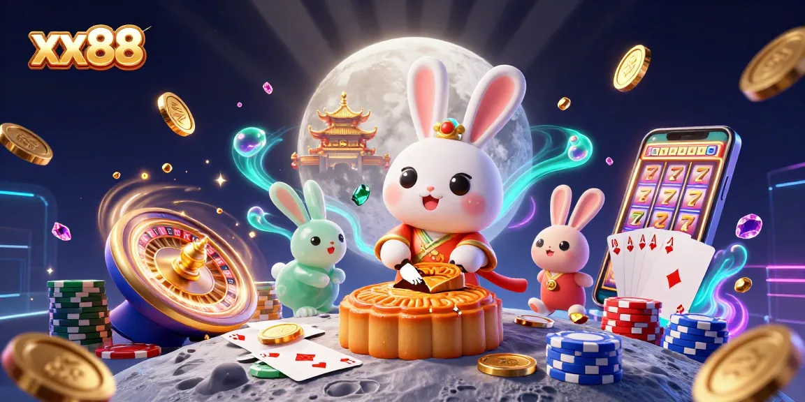 Experience xx88 with a lively scene of a moon rabbit and jade companion enjoying casino fun.
