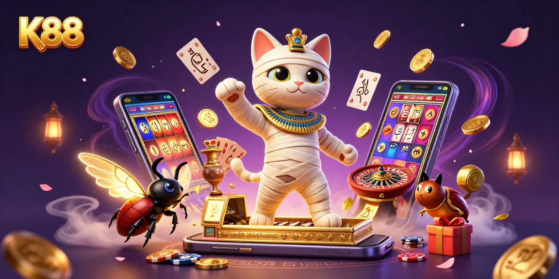 Experience gaming thrills with K88 as a mummy cat emerges in a vibrant casino scene.
