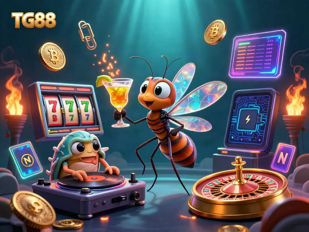 Experience the excitement of TG88 with a vibrant casino mascot and rich gaming elements.