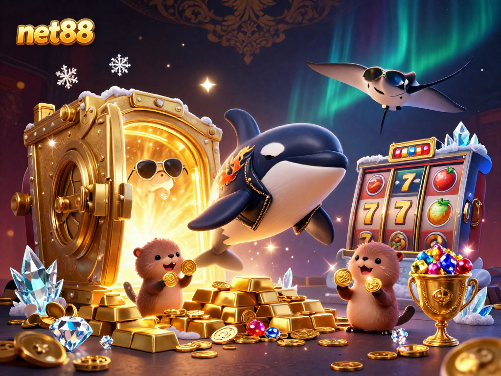 Engage with net88's vibrant casino adventure featuring a dynamic 3D illustration of sea life.