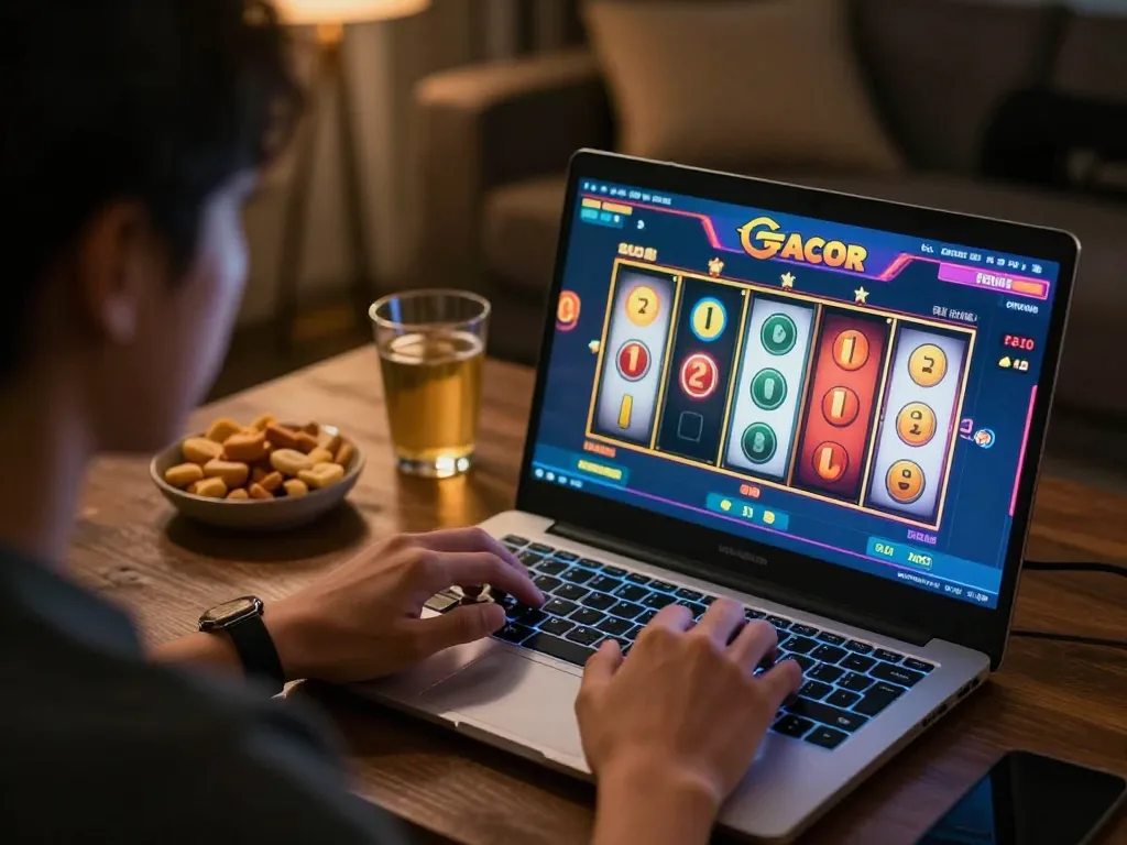 Engaging in an exciting slot gacor game on a laptop in a cozy home setting
