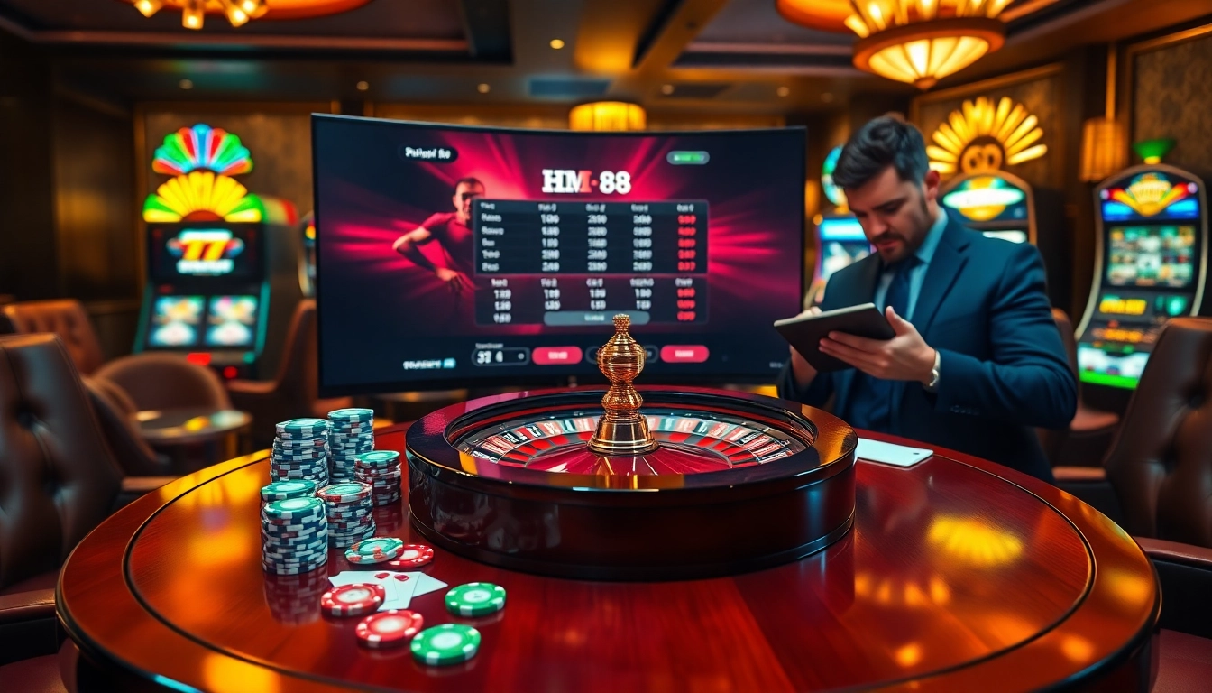 Engaging HM 88 betting platform showcasing poker chips, cards, and dynamic roulette wheel action