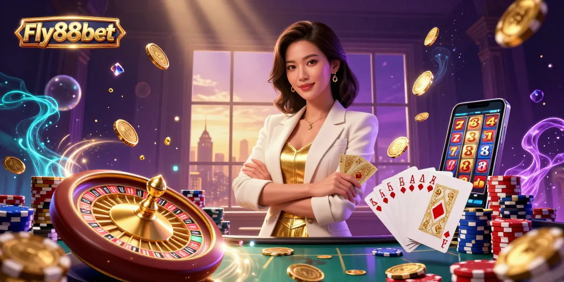 Experience the thrill of Fly88bet with high-stakes poker and dazzling casino elements in a vibrant illustration.