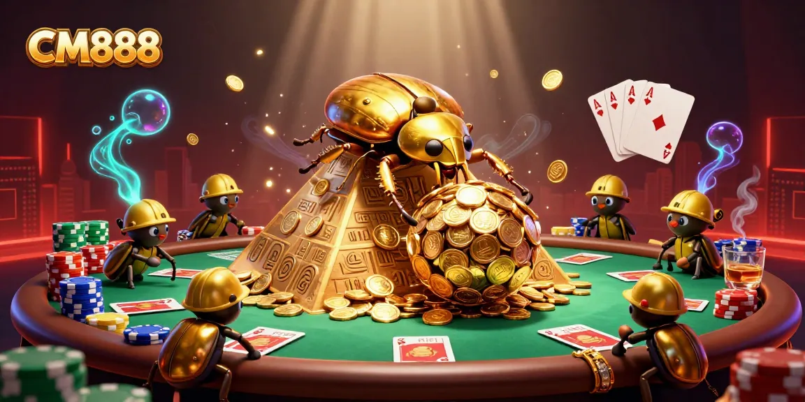Experience the excitement of CM888 in a vibrant, action-packed casino scene filled with golden coins and poker elements.