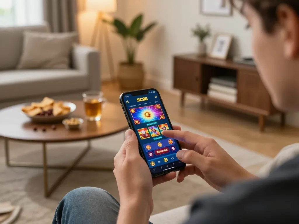 Player interacting with the SC88 mobile app, showcasing exciting gameplay in a cozy home setting.