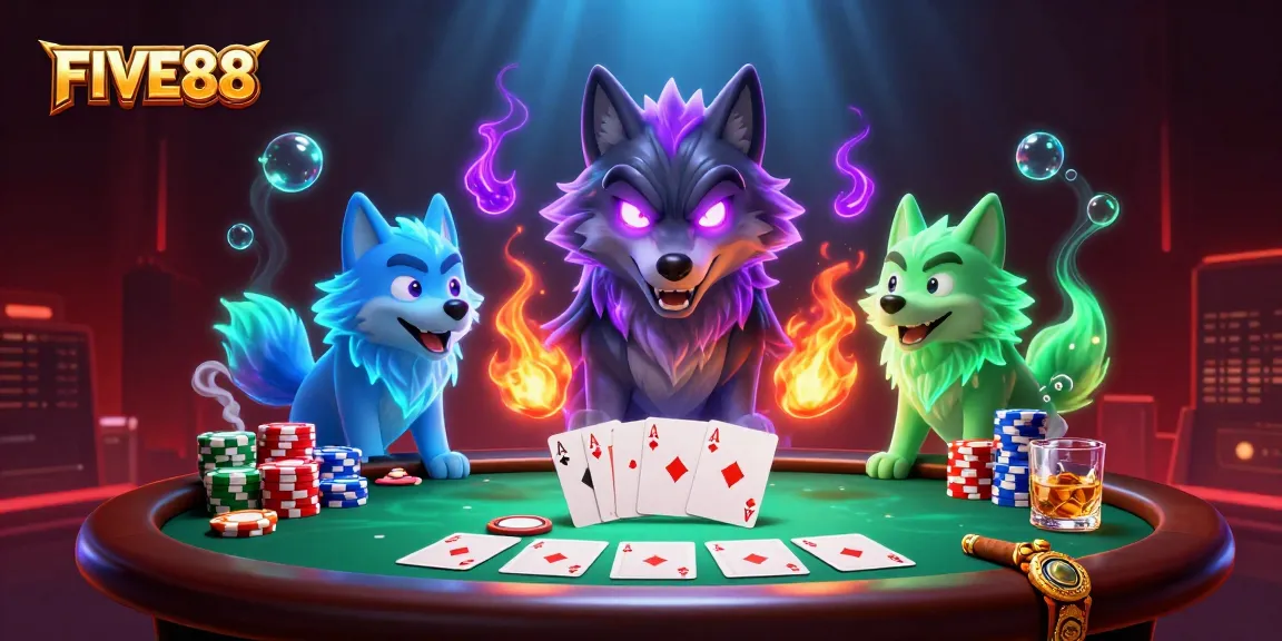 FIVE88 casino scene showcasing vibrant poker action with ghostly wolves and rich game elements.