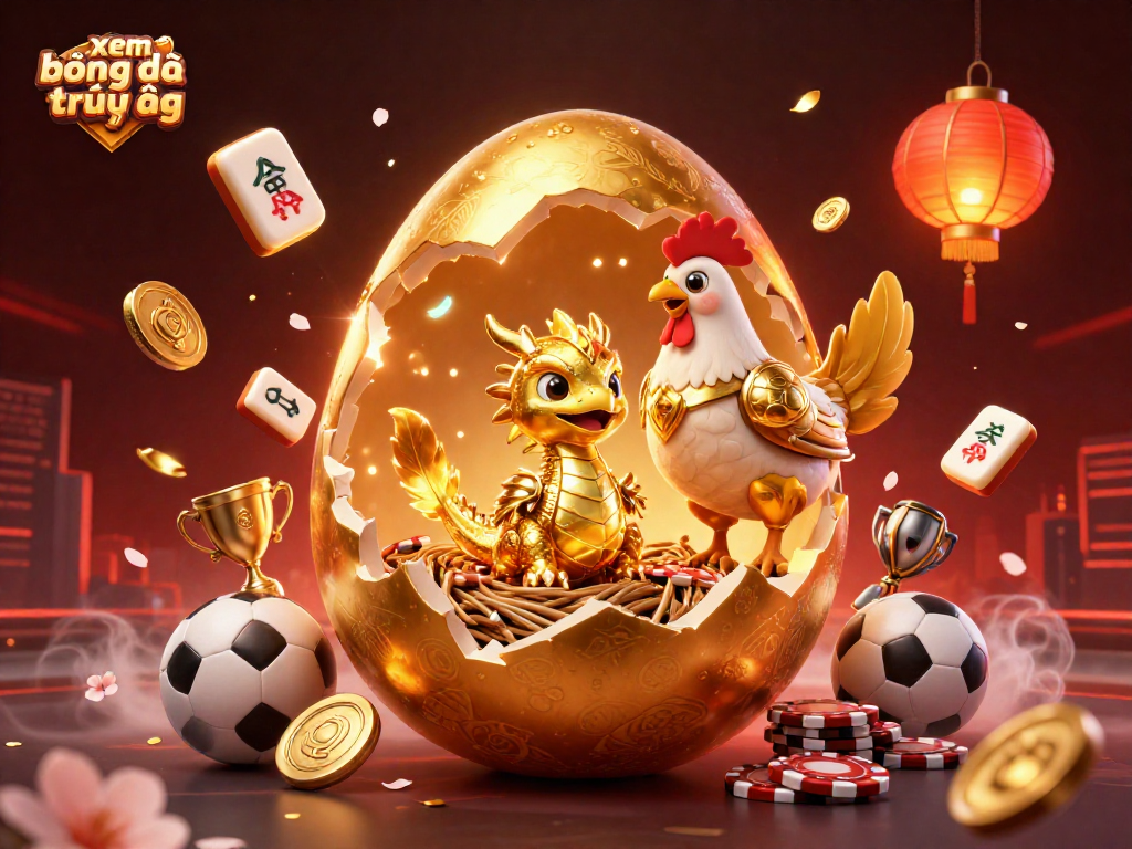 Bet on xem bóng đá trực tiếp with a 3D dynamic fantasy scene featuring gold elements and sports betting symbols.