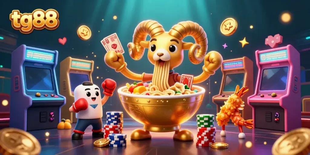 Engage with tg88's thrilling casino scene featuring vibrant characters and arcade elements.