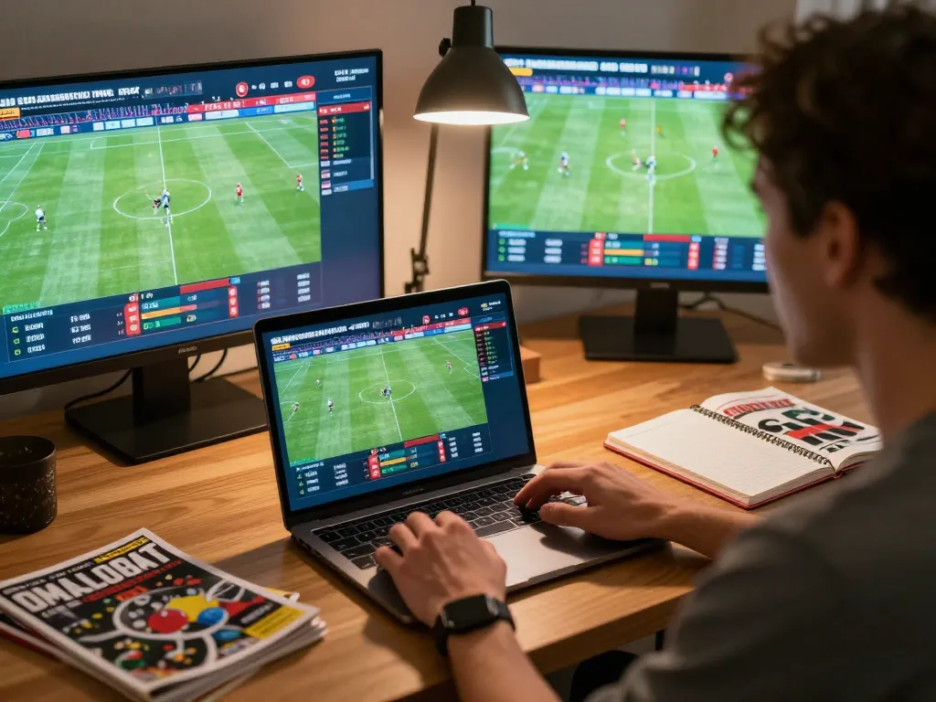 7mcn sports betting enthusiast placing bets on laptop while watching live match for strategic advantage