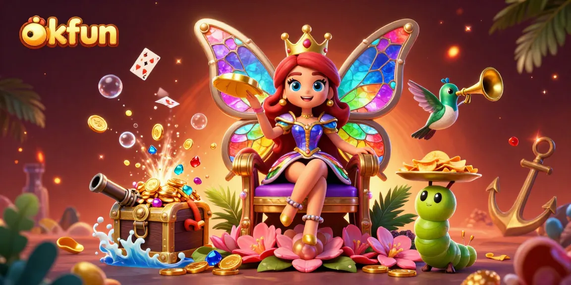 okfun's dynamic 3D illustration showcases a colorful casino-themed scene with a butterfly queen and games.