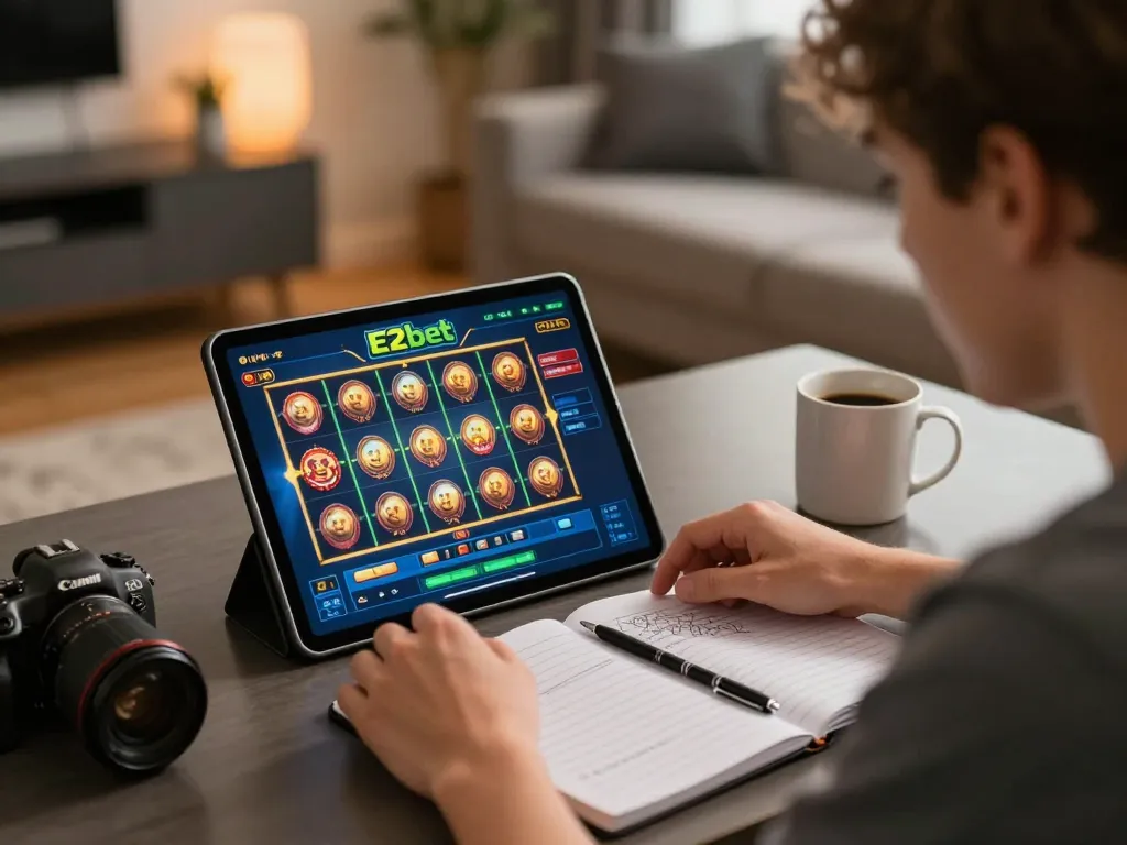 Play with E2bet on tablet in a cozy gaming setup, highlighting strategic play and responsible gambling.