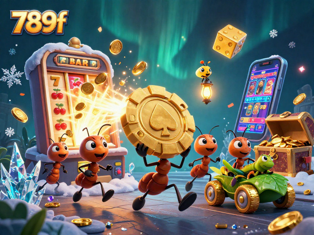 Experience the excitement of 789f with ants heisting giant poker chips in a vibrant casino scene.