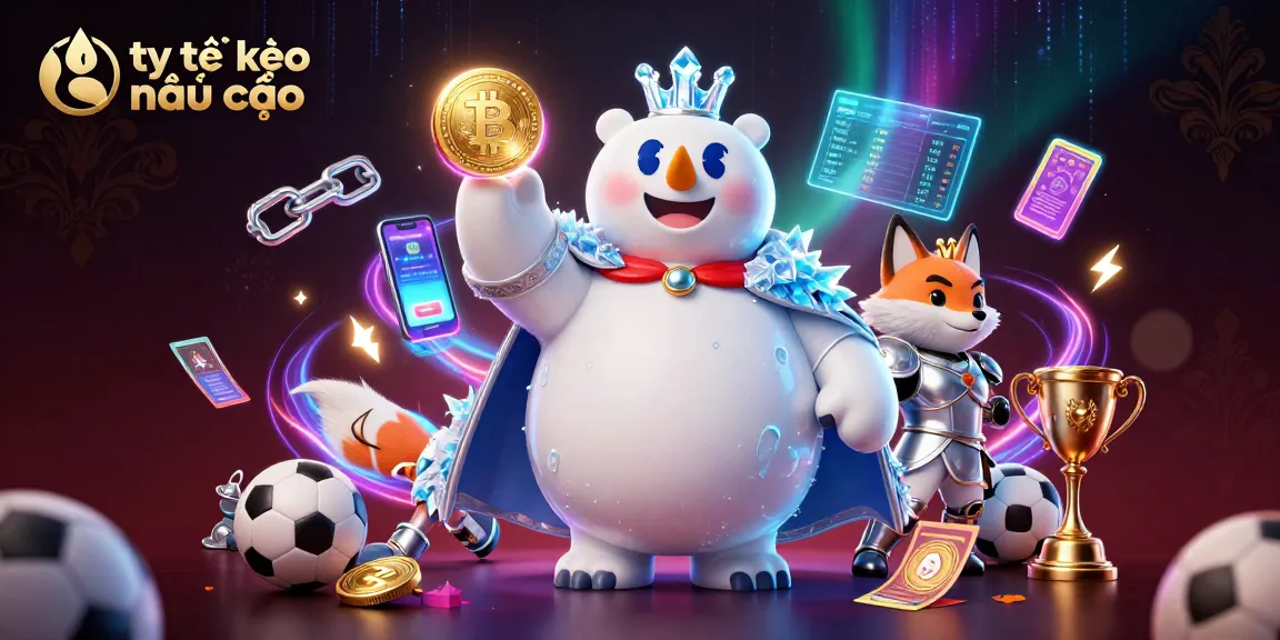 Betting with tỷ lệ kèo nhà cái illustrated in an energetic scene with sports elements and polar characters.