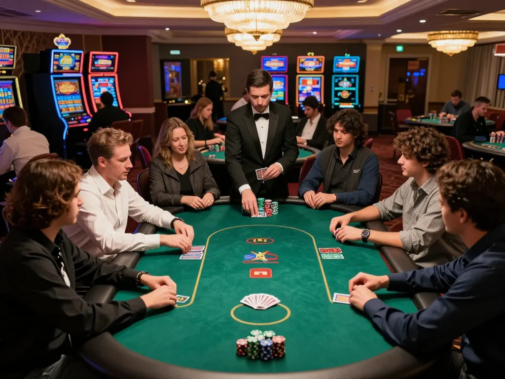 KAYA88 poker players enjoying a thrilling game at a luxurious casino table, showcasing intense gameplay.