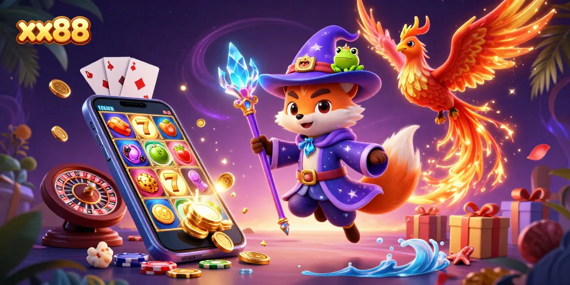 Experience the magic of xx88 with a mystical wizard, phoenix, and enchanted frog in dynamic casino action.