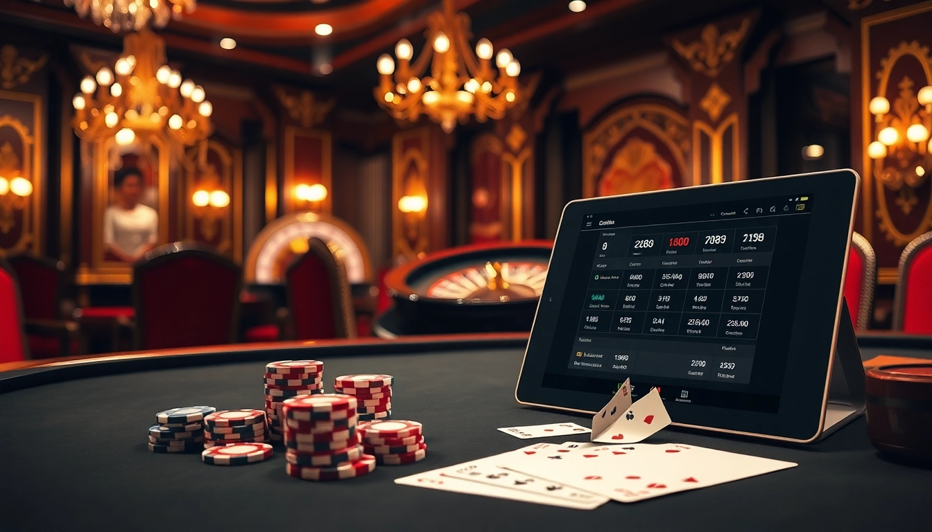 Kèo Nhà Cái highlighted in an upscale casino scene featuring poker chips and a roulette wheel.