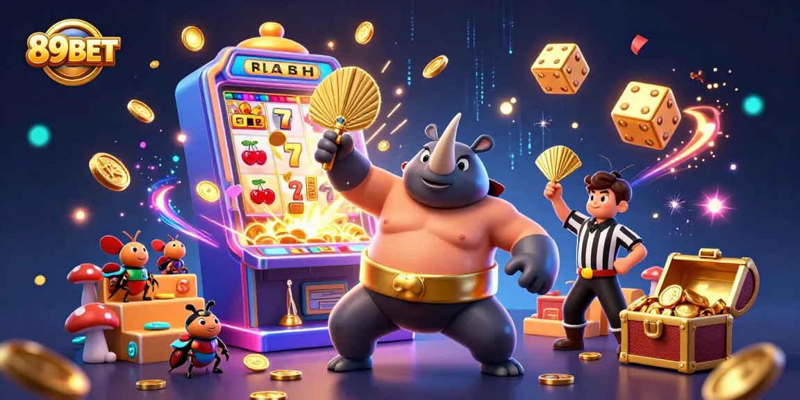 Experience the excitement of 89BET with animated characters and a jackpot explosion in a vibrant casino scene.